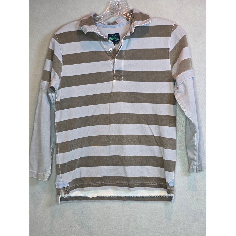 Mini Boden Boys Striped Long Sleeve Polo Shirt Brown Blue 9-10Y 21124